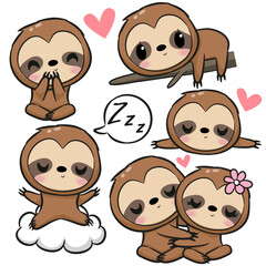 Canvas Print - Cute Cartoon Sloths isolated on a white background