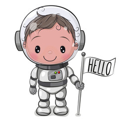 Wall Mural - cartoon boy astronaut with white flag