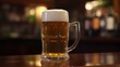 © Ilia - Mug of beer with foam frothy head on wooden table in an English pub background, exuding a warm and inviting atmosphere.