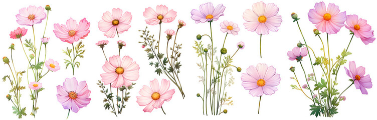 Wall Mural - Cosmos flower watercolor illustration clipart. Generative AI