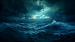 Epic nighttime storm scene at sea with rough waves with foam, rain, and the sky illuminated between dark clouds by lightning. Dangers of navigation with blue and cyan hues
