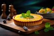 Citrous Yummy Lemon Tart on Wooden Tray. Background of Cooked Bakery Cake with Vivid Colours