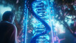 DNA technology genome research and genetic biotechnology in the backdrop of a blue neon light Human DNA genes genetics science biology medical science healthcare and molecular technology