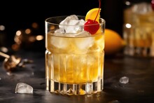 Refreshing Amaretto Sour Drink in a Cool Bar Environment with a Fresh Citrus Twist on a Dehydrated Whiskey Background