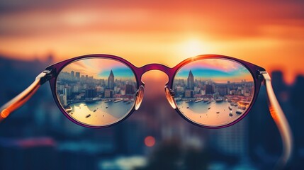 Enhanced Vision Through Glasses. Color-Blind Correcting Goggles with Smart Glass Technology to Enjoy Summer Vacation and City Views at Sunset