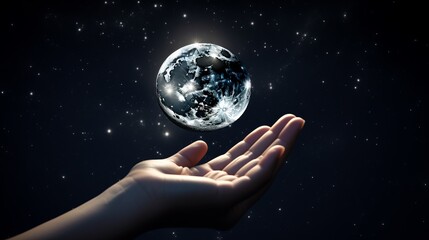 Wall Mural - moon globe held in hands against a starry sky backdrop. conjuring a sense of esoteric mysticism, ast
