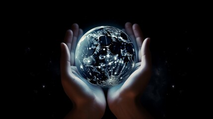 Wall Mural - moon globe held in hands against a starry sky backdrop. conjuring a sense of esoteric mysticism, ast
