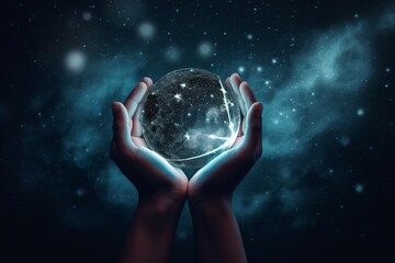 Wall Mural - moon globe held in hands against a starry sky backdrop. conjuring a sense of esoteric mysticism, ast