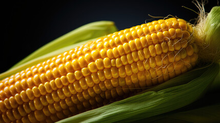 Canvas Print - Fresh corn on cobs on gren background, Corn on the the cob on a surface with kernels showing and leaves stripped. A close up of the kernels from an angle.