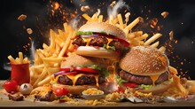 Fast Food Explosion With Fries  Burgers  Pizza. AI Generative