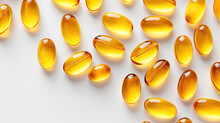 Vitamin D, Omega 3, Omega 6, Food Supplement Oil Filled Fish Oil, Vitamin A, Vitamin E On White Background With Copy Space For Your Design. Immunity Support Capsules. Health Care Concept.