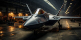 Fototapeta Sport - F-22 Raptor parked inside a military hangar