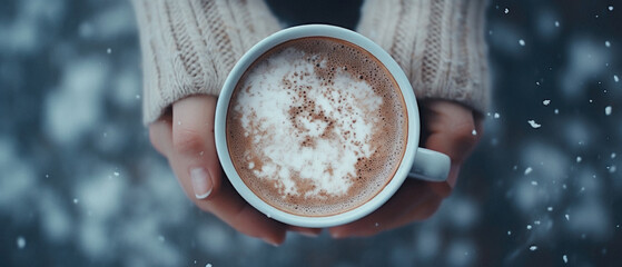 Female hands holding a cup of hot coffee with foam against snow falling.