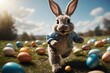 Running happy Easter bunny with eggs flying ever, AI generated