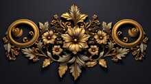 Beautiful Abstract Color Black And Yellow Flowers. Gold Flower Frame And Brown Leaves Texture, Dark Background.