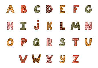 Cute funky 3d alphabet set with contrast outline and memphis decoration. Patterned bold font with shadow. Funny latin ABC with uppercase letters for book cover, logo, festival headline, greeting card