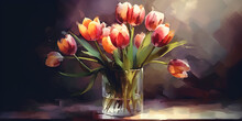 Bouquet Of Tulips In A Glass Vase On A Table, Still Life, Watercolor Painting