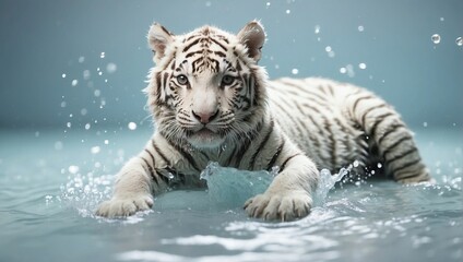 Wall Mural - A playful white tiger cub splashes in water, its piercing blue eyes focused and alert, surrounded by sparkling droplets