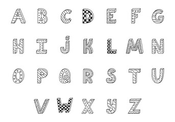 Doodle funky 3d alphabet set with hand drawn outline and memphis decoration. Patterned bold font with shadow. Funny latin black and white ABC with uppercase letters for poster, design template