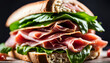 Tasty cured meats, italian prosciutto sandwich - set composition of food photography.