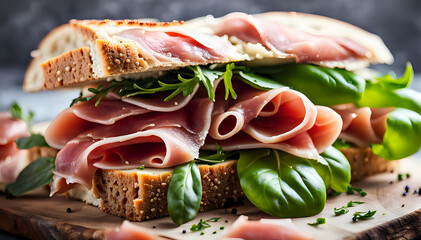 Wall Mural - Tasty cured meats, italian prosciutto sandwich - set composition of food photography.