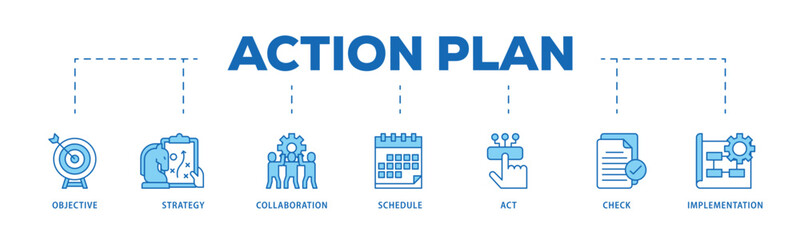Action plan infographic icon flow process which consists of objective, strategy, collaboration, schedule, act, launch, check, and implementation icon live stroke and easy to edit 