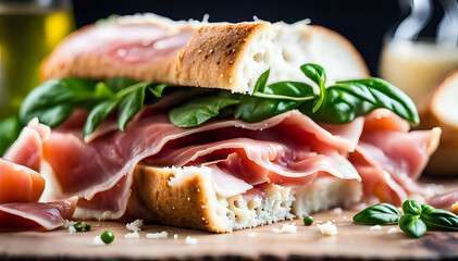 Wall Mural - Tasty cured meats, italian prosciutto sandwich - set composition of food photography.