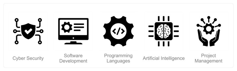 A set of 5 Hard Skills icons as cyber security, software development, programming languages