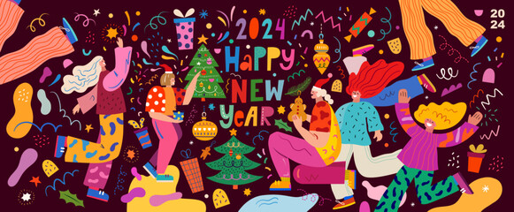 Wall Mural - New Year holiday decorative banner. People celebrate the New Year. New Year 2024 background