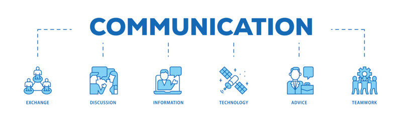 Communication infographic icon flow process which consists of exchange, discussion, information, technology, advice, and teamwork icon live stroke and easy to edit 