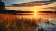 The Sun Is Setting Over A Lake With Tall Grass