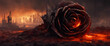 Krieg zerstört die Liebe. Große, brennende Rose im Vordergrund. Zerstörte, brennende Stadt im Hintergrund.