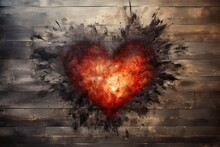 A Fiery Heart Painted In Charcoal On A Background Of Boards For Valentine's Day. Place For Text