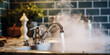 Hot water flowing from a modern faucet with steam rising, signifying hygiene, warmth, and the comforts of a well-equipped home