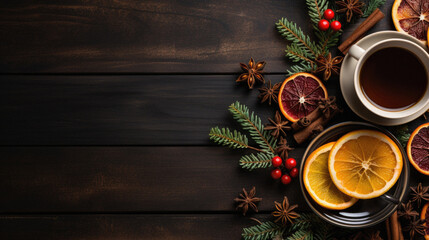 Wall Mural - Cup of tea with spices and Christmas decoration on dark wooden background. Top view with copy space.