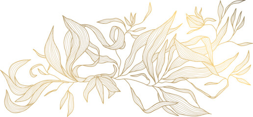 Wall Mural - vector art deco flower pattern background, gold line art, nature floral illustration. hand drawn wav