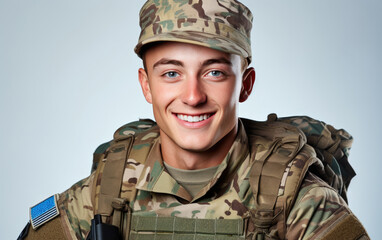 Happy smiling soldier with camouflage in the color background