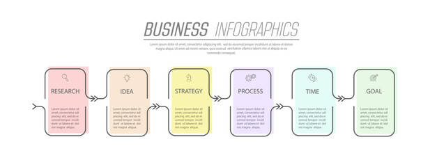 Business Infographics. 6 steps to achieve the result. Stages of development, workflow, marketing or plan. Business strategy with icons. Diagram of the report, statistics and training.