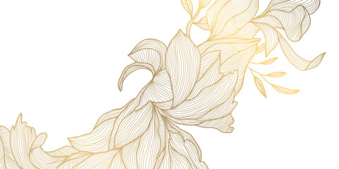 Wall Mural - vector art deco flower pattern background, gold line art, nature floral illustration. hand drawn wav