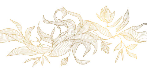 Vector art deco flower pattern background, gold line art, nature floral illustration. Hand drawn wavy plants for packaging, cover, banner, creative post and wall arts. Japanese style.
