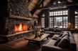 A rustic Scandinavian cabin interior with a large stone fireplace. The room features exposed wooden beams, a plush fur rug, and comfortable seating arranged around the fireplace.