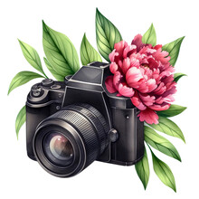 Vintage Retro Photo Camera In Flowers, Leaves, Branches On White Background. Generative AI.