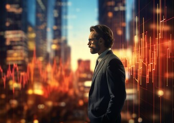 A businessman in the building of the city with financial graphs of the growth of the financial performance of the stock market and the stock exchange.