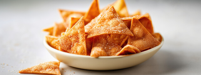 Closeup Baked Cinnamon Sugar Tortilla Chips, sweet and crunchy chip snacks.  