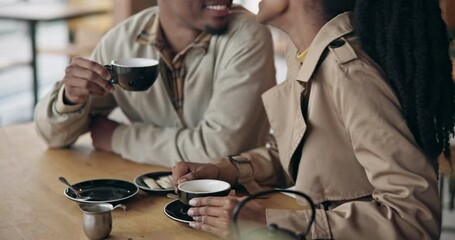 Poster - Couple, tea and kiss with love at cafe, restaurant or diner for bond, care or communication. Black people, man and woman with coffee on a weekend for break, conversation and talking for quality time