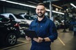 © ActionGP - Mastering the craft: Picture a technician, tablet wielded, amidst a backdrop of luxury cars at the service center—an embodiment of skill and efficiency in automotive service. Generated AI