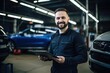 © ActionGP - Mastering the craft: Picture a technician, tablet wielded, amidst a backdrop of luxury cars at the service center—an embodiment of skill and efficiency in automotive service. Generated AI