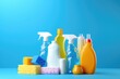 © Дмитрий Баронин - Set of detergents, cleaning tools. Brushes, mop. Place for text.