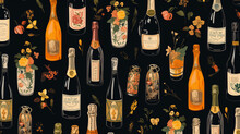 Seamless Pattern Of Bottles Of Wine, Holiday Or Christmas Party Celebration