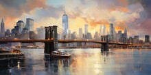 American City New York City Skyline At Sunset, Abstract Oil Painting Style Poster